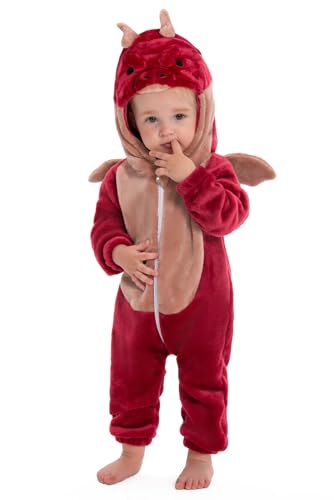OLAOLA Baby Strampler Unisex, Weichem Flanell Schlafanzug, Kleinkind Tierkostüm, Cartoon Overall Onesie mit Kapuze (Roter Drache, 18-24 Monate) von OLAOLA
