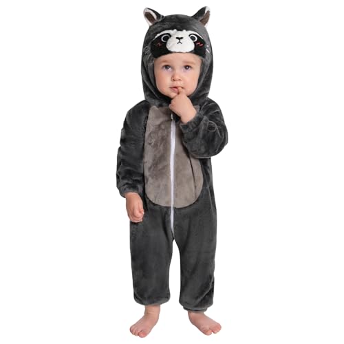 OLAOLA Baby Strampler Unisex, Weichem Flanell Schlafanzug, Kleinkind Tierkostüm, Cartoon Overall Onesie mit Kapuze (Waschbär, 12-18 Monate) von OLAOLA