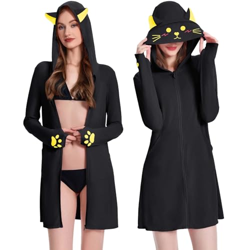 OLAOLA Damen Strandkleid Sommer Bikini Cover Up Sonnenschutz Badeanzug UV-Schutz Shirt Langarm UPF 50+ Rash Guard Schwimmshirt Verpackbar Leichte Schnelltrocknend Bademode (Schwarze Katze, L) von OLAOLA