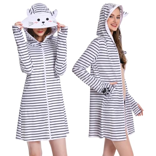 OLAOLA Damen UPF 50+ Schwimmen Cover Up Sonnenschutz Hoodie Lange Jacke Badeanzug Abdeckung Leicht Schnell Trocknendes Strandkleid, Streifen, Large OLAOLA Damen UPF 50+ Schwimmen Cover Up Sonnenschutz Hoodie Lange Jacke Badeanzug Abdeckung Leicht Schnell Trocknendes Strandkleid, Streifen, Large von OLAOLA