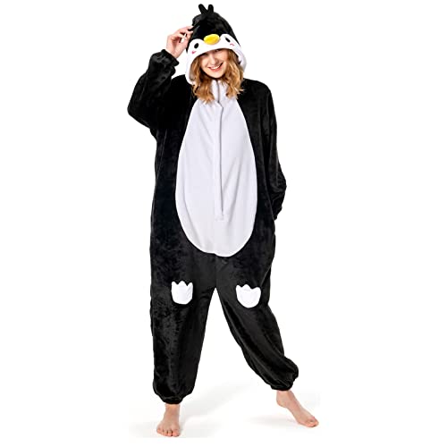 OLAOLA Erwachsene Onesie Tier Halloween Kostüm Unisex Onesies Plüsch Cosplay Pyjama Einteiler Nachtwäsche, pinguin, S von OLAOLA