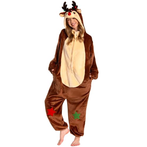 OLAOLA Erwachsenen Onesie Rentier Weihnachtskostüm Flauschiges Fleece Einteiler Unisex Schlafanzug für Karneval, Weihnachten, Halloween von OLAOLA