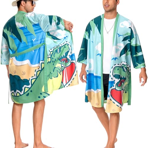 OLAOLA Herren Bademantel Leichter Kimono Morgenmantel Herren Damen Unisex Bequem Weich Lang Sauna Robe Mikrofaser Leicht Schnelltrocknend Bademantel (Dinosaurier, L) von OLAOLA