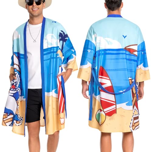 OLAOLA Herren Bademantel Leichter Kimono Morgenmantel Herren Damen Unisex Bequem Weich Lang Sauna Robe Mikrofaser Leicht Schnelltrocknend Bademantel (Hai, M) von OLAOLA