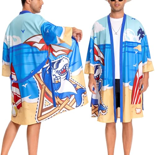 OLAOLA Herren Bademantel Leichter Kimono Morgenmantel Herren Damen Unisex Bequem Weich Lang Sauna Robe Mikrofaser Leicht Schnelltrocknend Bademantel (Hai, S) von OLAOLA