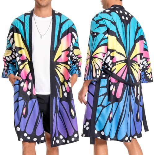 OLAOLA Herren Bademantel Leichter Kimono Morgenmantel Herren Damen Unisex Bequem Weich Lang Sauna Robe Mikrofaser Leicht Schnelltrocknend Bademantel (Schmetterling, S) von OLAOLA