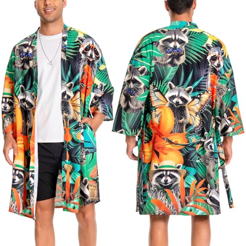 OLAOLA Herren Bademantel Leichter Kimono Morgenmantel Herren Damen Unisex Bequem Weich Lang Sauna Robe Mikrofaser Leicht Schnelltrocknend Bademantel (Waschbär, S) von OLAOLA