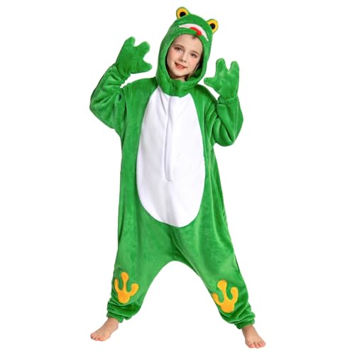 OLAOLA Kinder Tier Onesie Unisex Weichem Plüsch Fleece Schlafanzug für Jungen Mädchen Kuschelig Einteiler Pyjama Cosplay Kostüm für Karneval Halloween Weihnachten (Frosch, 7-9 Jahre) von OLAOLA