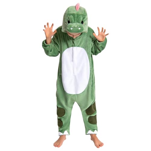 OLAOLA Kinder Tier Onesie Unisex Weichem Plüsch Fleece Schlafanzug für Jungen Mädchen Kuschelig Einteiler Pyjama Cosplay Kostüm für Karneval Halloween Weihnachten (Grüner Dinosaurier, 4-6 Jahre) von OLAOLA