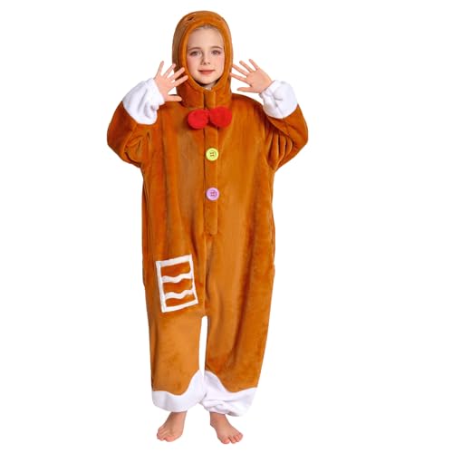 OLAOLA Kinder Tier Onesie Unisex Weichem Plüsch Fleece Schlafanzug für Jungen Mädchen Kuschelig Einteiler Pyjama Cosplay Kostüm für Karneval Halloween Weihnachten (Lebkuchen, 7-9 Jahre) von OLAOLA