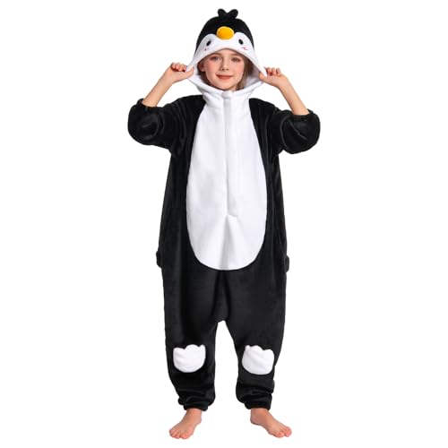 OLAOLA Kinder Tier Onesie Unisex Weichem Plüsch Fleece Schlafanzug für Jungen Mädchen Kuschelig Einteiler Pyjama Cosplay Kostüm für Karneval Halloween Weihnachten (Pinguin, 7-9 Jahre) von OLAOLA