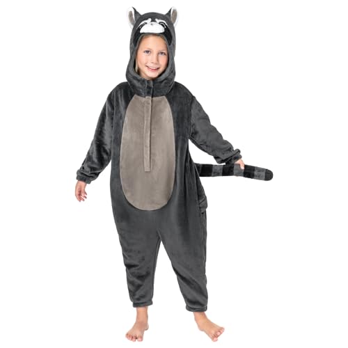 OLAOLA Kinder Tier Onesie Unisex Weichem Plüsch Fleece Schlafanzug für Jungen Mädchen Kuschelig Einteiler Pyjama Cosplay Kostüm für Karneval Halloween Weihnachten (Waschbär, 4-6 Jahre) von OLAOLA