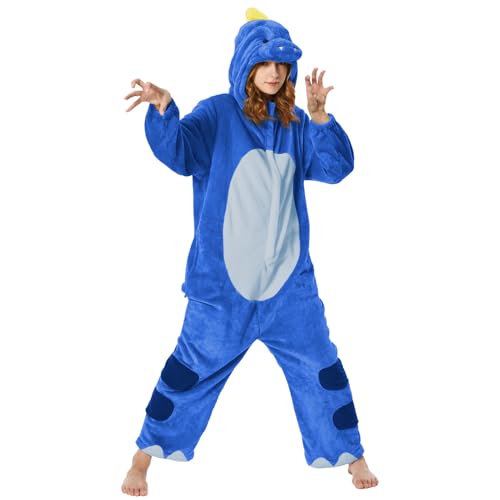 OLAOLA Onesie für Erwachsene, Blaues Dinosaurier Tierkostüm, Unisex Onesies Plüsch Halloween Cosplay Pajamas Einteiler Schlafanzug von OLAOLA