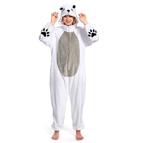 OLAOLA Onesie für Erwachsene, Eisbär Tierkostüm, Unisex Onesies Plüsch Halloween Cosplay Pyjamas Party Einteilige Schlafanzüge von OLAOLA