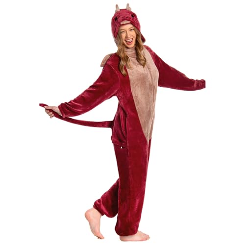 OLAOLA Onesie für Erwachsene, Roter Drache Tierkostüm, Unisex Onesies Plüsch Halloween Cosplay Pajamas Einteiler Schlafanzug von OLAOLA