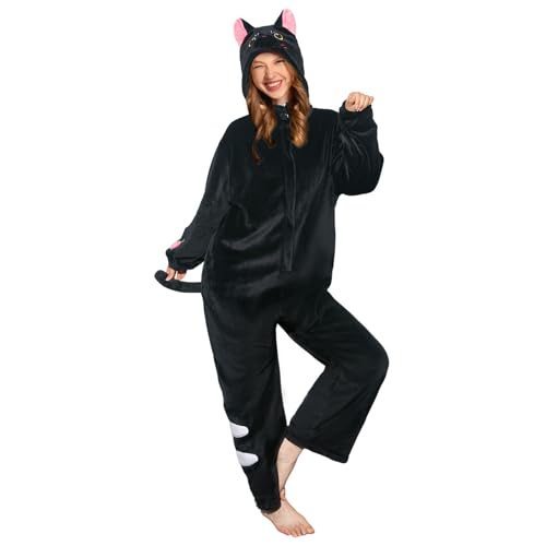 OLAOLA Onesie für Erwachsene Schwarze Katze Tierkostüm Jumpsuit Damen Herren Kuschelig Einteiler Schlafanzug Unisex Onesies Karneval Weihnachten Halloween Cosplay Pyjamas von OLAOLA