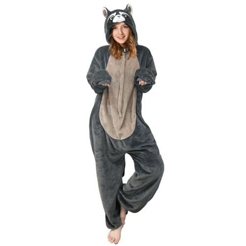 OLAOLA Onesie für Erwachsene Waschbär Tierkostüm Jumpsuit Damen Herren Kuschelig Einteiler Schlafanzug Unisex Onesies Karneval Weihnachten Halloween Cosplay Pyjamas von OLAOLA