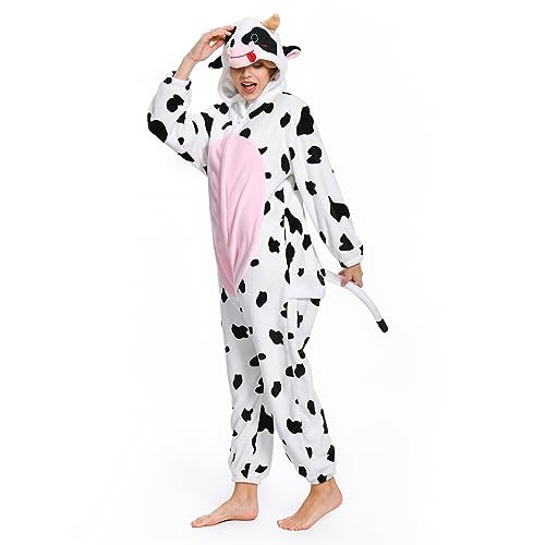OLAOLA Onesie für Erwachsene, rosa Kuh-Tier-Kostüm, Unisex Onesies Plüsch Halloween Cosplay Pyjamas Party One-Piece Sleepwear von OLAOLA