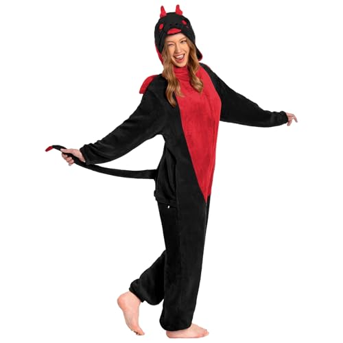 OLAOLA Onesies für Erwachsene Unisex Neuheit Pyjamas Schwarzer Drache Kostüm für Halloween Soft Comfy Homewear Nachtwäsche Einteiler Schlafanzug Cosplay Loungewear von OLAOLA