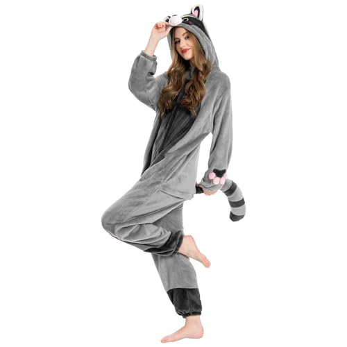 OLAOLA Onesies für Erwachsene Unisex Neuheit Pyjamas Waschbär Kostüm für Halloween Soft Comfy Homewear Nachtwäsche Einteiler Schlafanzug Cosplay Loungewear von OLAOLA