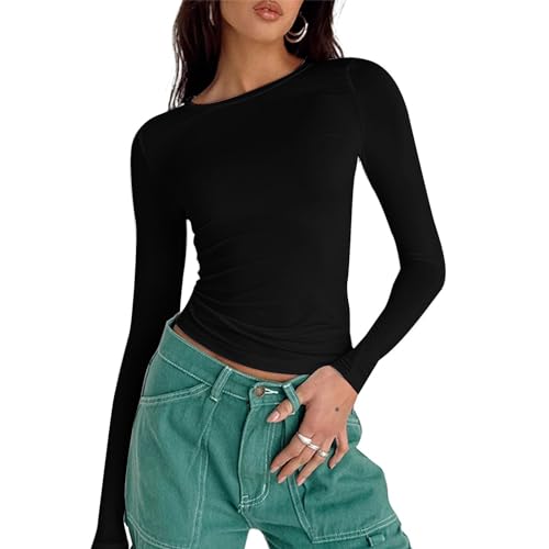OLCANA Damen-Oberteil mit langen Ärmeln, Trainingsshirts mit langen Ärmeln | Damen-Oberteil mit Rundhalsausschnitt, langärmliges T-Shirt mit Rundhalsausschnitt in klassischer Passform als Geschenk von OLCANA