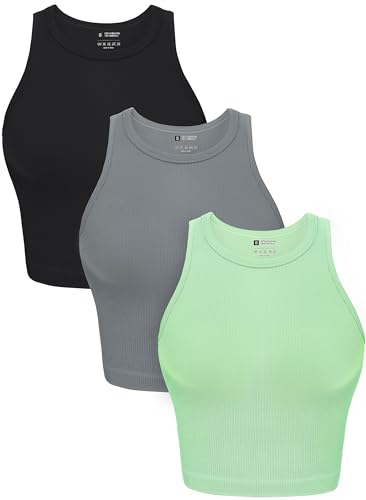 OLCHEE Damen 3er Pack Crop Tank Tops Basic Nahtlos Gerippt Rundhals Racerback Workout Top Sommer Causal Yoga Gym Shirts, Schwarz + Hellgrau + Olivgrün, Groß von OLCHEE