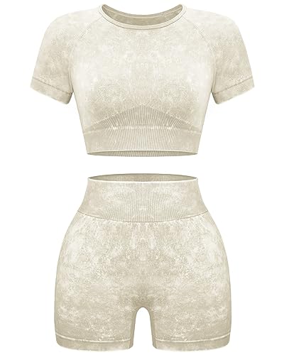 OLCHEE Damen-Workout-Set, nahtlos, säurehaltige Waschung, Yoga-Outfits, Shorts und kurzes Top, passendes Fitnessstudio-Kleidungs-Set, 2er-Set, X-Small von OLCHEE