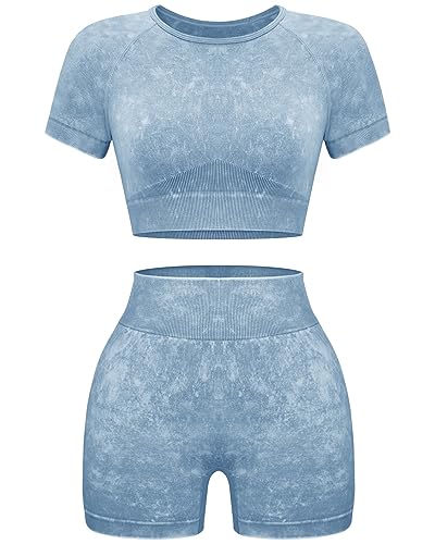 OLCHEE Damen Workout-Set 2-teilig – nahtlose säurehaltige Waschung Yoga-Outfits Shorts und kurze Ärmel Crop Top Gym Athletic Kleidung, Kurzarm + Shorts: blau, Small von OLCHEE