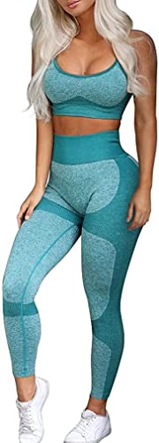 OLCHEE Damen Workout Sets 2-teilig - Nahtlose Yoga Leggings und Cross-Strap Sport BH Gym Outfits Activewear Matching Set, Grün , Small von OLCHEE