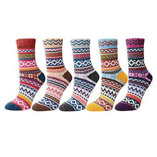 5 Paar Merinowolle Socken Damen 4-8 Fair Isle Stil Baumwolle Gestrickt Vintage Ethnisch Muster Gemütlich Nordische Socken Bequem Atmungsaktiv Warm Bunt Farbe Sport Mittelrohr Strumpfwaren Outdoor, g, von OLDM