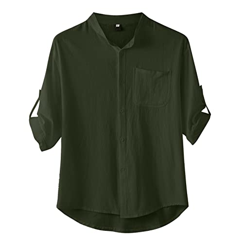 Plus Size Herren Hemd Sommer Umlegekragen Casual Solid Roll Up Halbarm Baumwolle Leinen Hemd Button Up Hemd mit Tasche Business Streetwear, armee-grün, XXL von OLDM
