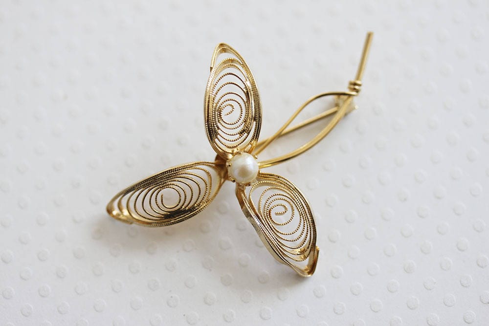 1960Er Jahre Golddraht-Blatt-Brosche Vintage Perlen-Anstecknadel von OLDMOE