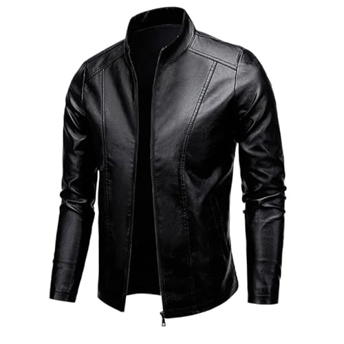 Herren Lederjacke -Herbst Herren Mantel Vintage Klassisch Stehkragen Jacke Lässig Schlank Motorrad Oberteile Business Kleidung Mode Streetwear,Schwarz,M von OLEETS