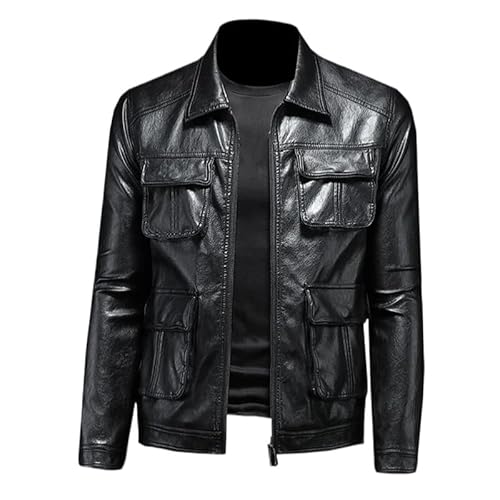 OLEETS Herren Lederjacke -Herbst Winter Mode Herren Revers Motorrad Mantel Schlank Langarm Warme Oberteile Outdoor Streetwear Klassische Weiche Kleidung,Schwarz,L von OLEETS