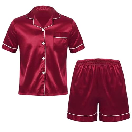 OLEETS Pyjama-Set Für Herren - Herren Nachtwäsche Satin Loungewear Kurzarm Knopfleiste Hemd Tops Nachtwäsche M-3Xl Mode Klassische Sommerkleidung Einfarbig,Rot,3XL von OLEETS