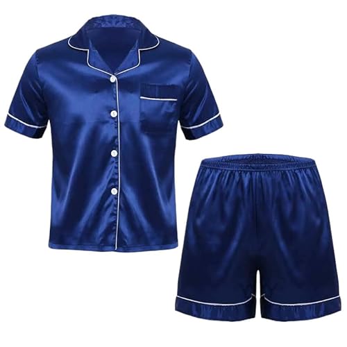 OLEETS Zweiteiliges Pyjama-Set Für Herren - Herren Nachtwäsche Satin Loungewear Kurzarm Knopfleiste Hemd Tops Nachtwäsche M-3Xl Mode Klassische Sommerkleidung Einfarbig,Blau,3XL von OLEETS