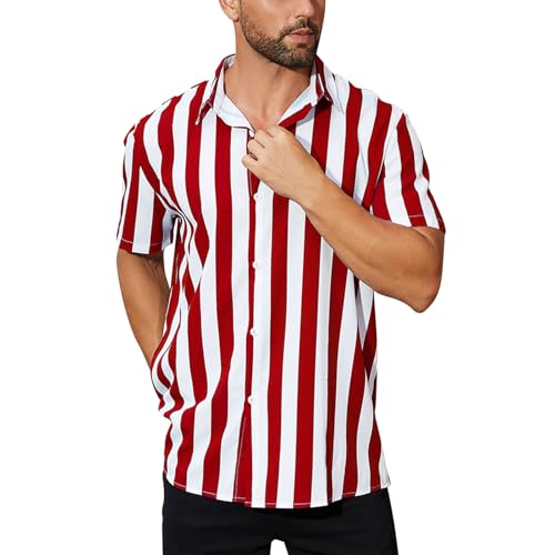OLEMEK Herren Freizeithemden Kurzarm Button Down Hemd Sommer Strand Hawaii Gestreiftes Kleid Hemd, Weinrot, dicke Streifen, XL von OLEMEK