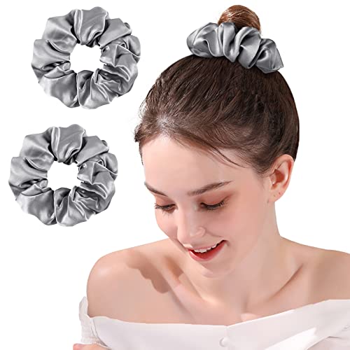 OLESILK 100% 2-er Set Seide Haargummi Silk Scrunchie Haarband Haarringe Damen Pferdeschwanzhalter Gummibänder für Mädchen oder Frauen, Grau von OLESILK