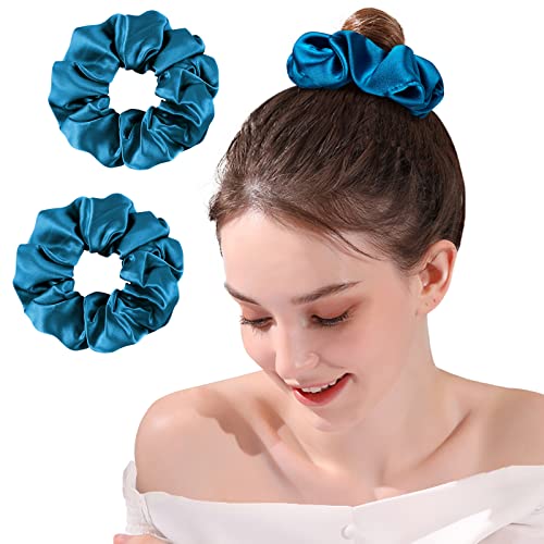 OLESILK 100% 2-er Set Seide Haargummi Silk Scrunchie Haarband Haarringe Damen Pferdeschwanzhalter Gummibänder für Mädchen oder Frauen, Pfaublau von OLESILK