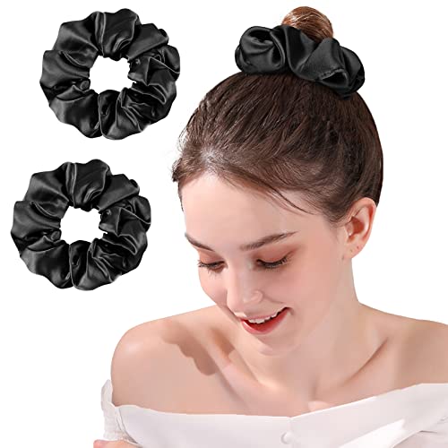OLESILK 100% 2-er Set Seide Haargummi Silk Scrunchie Haarband Haarringe Damen Pferdeschwanzhalter Gummibänder für Mädchen oder Frauen, Schwarz von OLESILK