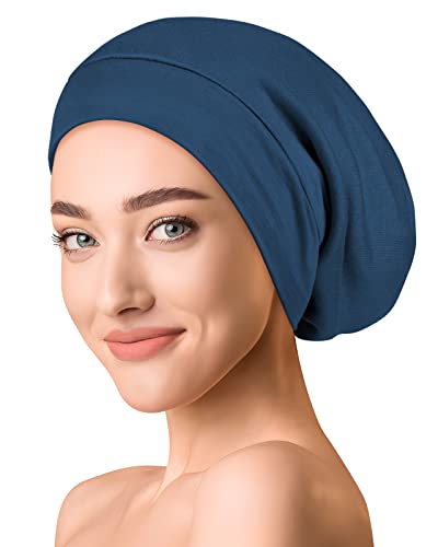 OLESILK Seide & Baumwolle Slouch Beanie Mütze Schlafhaube Seide Chemo Kopfbedeckung dünne leichte und weiche Laufmütze Strickmütze Unisex Jersey Sommermütze verstellbar für Damen & Herren, Blaugrün von OLESILK