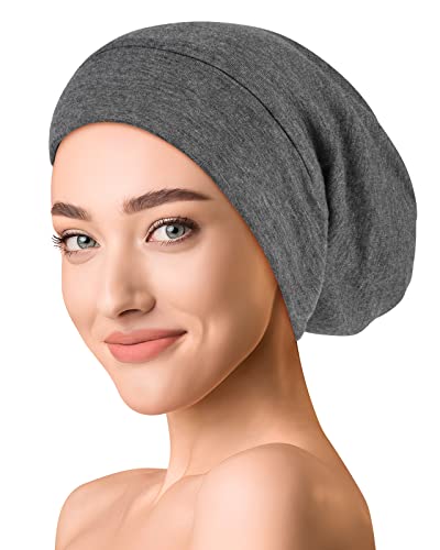 OLESILK Seide & Baumwolle Slouch Beanie Mütze Schlafhaube Seide Chemo Kopfbedeckung dünne leichte und weiche Laufmütze Strickmütze Unisex Jersey Sommermütze verstellbar für Damen & Herren, Dunkelgrau von OLESILK