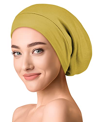 OLESILK Seide & Baumwolle Slouch Beanie Mütze Schlafhaube Seide Chemo Kopfbedeckung dünne leichte und weiche Laufmütze Strickmütze Unisex Jersey Sommermütze verstellbar für Damen & Herren, Gelb von OLESILK