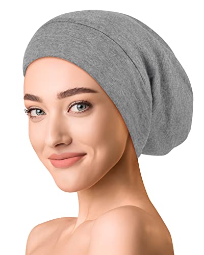 OLESILK Seide & Baumwolle Slouch Beanie Mütze Schlafhaube Seide Chemo Kopfbedeckung dünne leichte und weiche Laufmütze Strickmütze Unisex Jersey Sommermütze verstellbar für Damen & Herren, Hellgrau von OLESILK