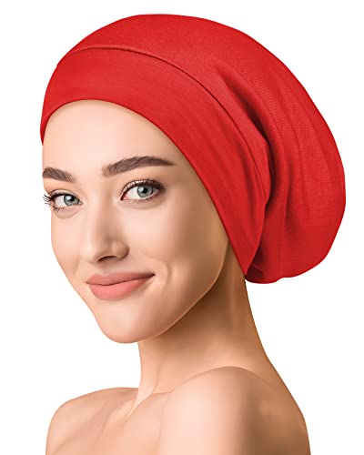 OLESILK Seide & Baumwolle Slouch Beanie Mütze Schlafhaube Seide Chemo Kopfbedeckung dünne leichte und weiche Laufmütze Strickmütze Unisex Jersey Sommermütze verstellbar für Damen & Herren, Rot von OLESILK