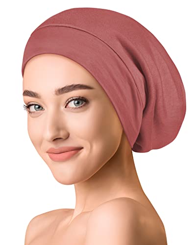 OLESILK Seide & Baumwolle Slouch Beanie Mütze Schlafhaube Seide Chemo Kopfbedeckung dünne leichte und weiche Laufmütze Strickmütze Unisex Jersey Sommermütze verstellbar für Damen & Herren, Ziegelrot von OLESILK