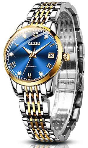 Damen-Armbanduhr, automatisch, selbstaufziehend, goldfarben, luxuriös, aus massivem Edelstahl, leuchtend, wasserdicht, Geschenk blau von OLEVS