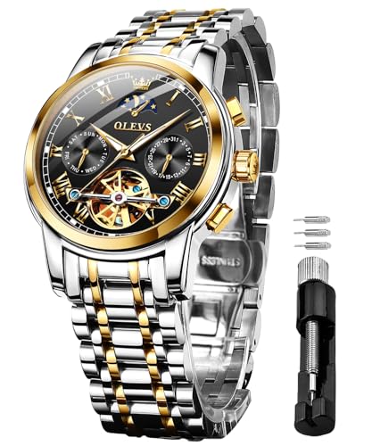 Herren-Automatikuhren, luxuriöses Design, mechanische Automatikuhr, selbstaufziehend, Mondphase, Tag und Nacht, Edelstahl, leuchtende Uhren, Geschenke Zweifarbiges Armband und schwarzes Zifferblatt von OLEVS