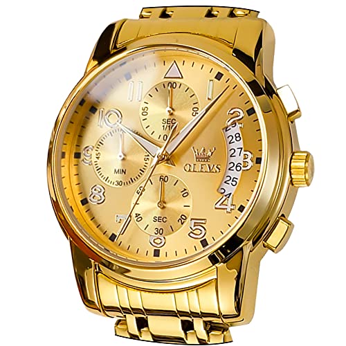 OLEVS Herren-Armbanduhr, Chronograph, Edelstahl, wasserdicht, Datum, analog, Quarz, multifunktional, Business-Kleid, modische Armbanduhr für Herren, gold, Gurt von OLEVS