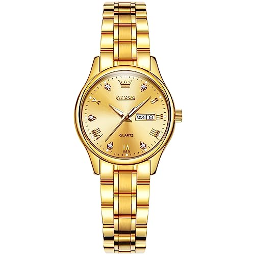 OLEVS Armbanduhr Damen Gold Kleines Gesicht Analoge Quarz Uhr Damen Römische Ziffern Diamanten Wasserdicht Damenuhr Tag Datum Eleganz Edelstahl Leuchtend Freizeit Watches for Women von OLEVS